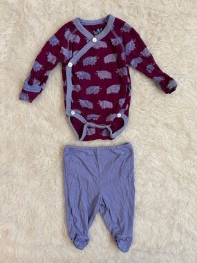 Kickee Pants Baby Bamboo Maroon & Lavender Yak AOP Wrap Bodysuit & Jogger Set